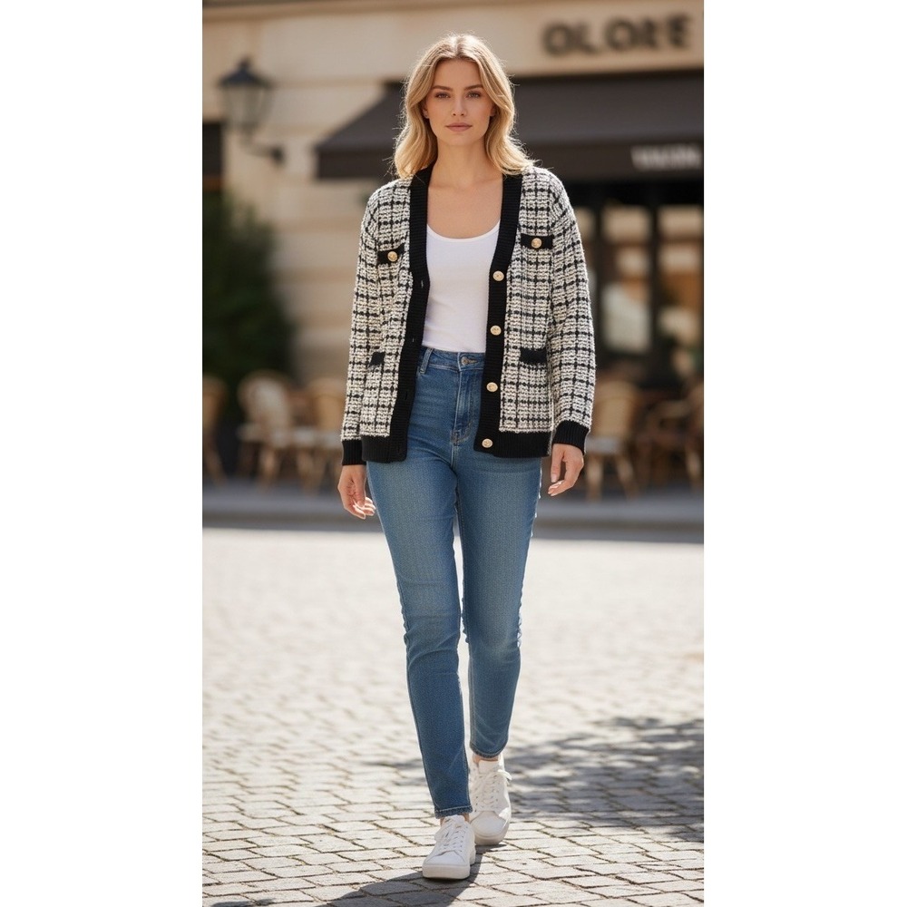 ZARA Tweed Knit Cardigan Black White Gold Button Womens Small NWT